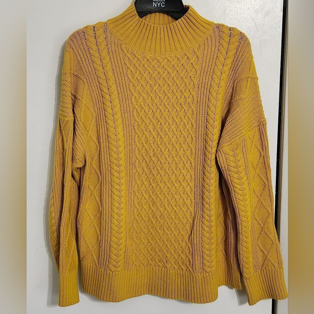 J. Crew Long Cotton Cable-Knit Mockneck Sweater in Mustard BD709 Sz M - Picture 2 of 9